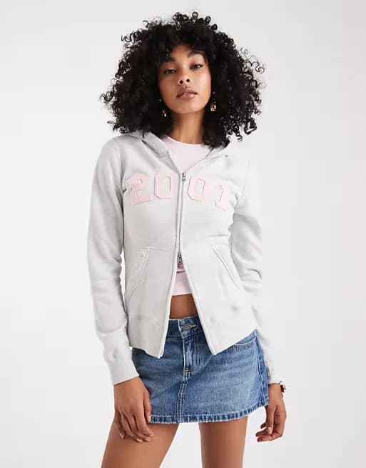 Jersey gris Hollister con capucha, gráfico y cremallera doble